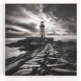 Stretched canvas wall art showcasing a vibrant lighthouse design against a serene landscape, perfect for coastal-themed decor, enhancing any living space.