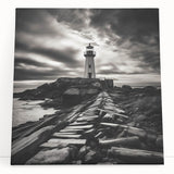 Stretched canvas wall art showcasing a serene lighthouse design at sunset, featuring vibrant colors and soft brush strokes, ideal for coastal-themed home decor.