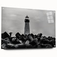 Acrylic glass wall art showcasing a vibrant lighthouse landscape design, beautifully displayed from a side view and accented with colorful pins for a dynamic touch. Ideal for coastal-themed decor or nautical enthusiasts.