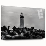Acrylic glass wall art showcasing a vibrant lighthouse landscape design, beautifully displayed from a side view and accented with colorful pins for a dynamic touch. Ideal for coastal-themed decor or nautical enthusiasts.