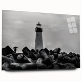 Acrylic glass wall art featuring a vibrant lighthouse design, showcasing a scenic coastal landscape with a dramatic sky, perfect for nautical-themed decor.