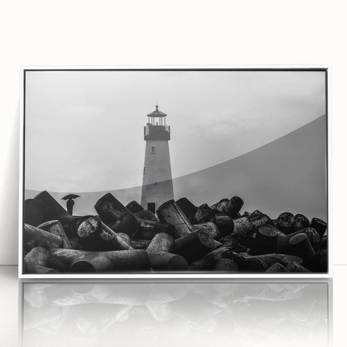 Framed wall art featuring a serene lighthouse design against a vivid sunset backdrop, showcasing bright colors and modern acrylic framing for stylish decor.