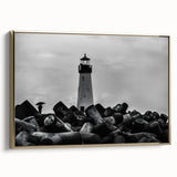 Framed canvas wall art featuring a coastal lighthouse design, set against a serene landscape with vibrant colors and intricate details, ideal for home decor.