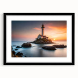 Black-framed wall art featuring a serene lighthouse landscape design, showcasing vibrant colors and intricate details, perfect for coastal-themed decor.