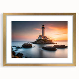 Framed wall art featuring a serene lighthouse landscape with a gold mat, designed to enhance home decor and evoke coastal tranquility. Perfect for nautical-themed interiors.