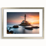 Silver-framed wall art featuring a serene lighthouse landscape design, elegantly matted for a polished look, perfect for coastal home decor or nautical-themed interiors.