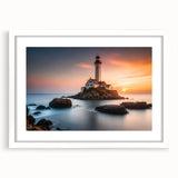 Framed wall art featuring a serene lighthouse landscape design, presented in a white mat with a modern frame, ideal for coastal-themed decor in living spaces.