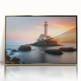 Framed wall art collection featuring a lighthouse design with a gold-acrylic front, showcasing serene coastal scenery ideal for nautical-themed decor. This artwork adds elegance and warmth to any living space.