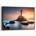 Framed canvas wall art showcasing a coastal lighthouse design against a sunset backdrop, featuring black framing and a side view perspective, ideal for nautical-themed decor.