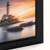 Framed canvas wall art depicting a serene lighthouse scene, showcasing vibrant colors and intricate details, ideal for coastal-themed home decor.
