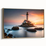 Framed canvas artwork showcasing a serene lighthouse landscape with golden accents, perfect for coastal home decor, highlighting tranquility and elegance.