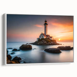 Framed canvas wall art showcasing a serene lighthouse design, set against a calming ocean backdrop, with a crisp white frame enhancing its elegance. Perfect for nautical-themed decor.