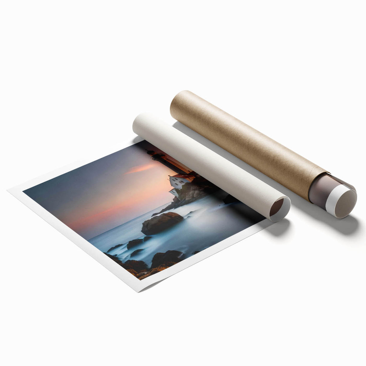 Lighthouse-themed rolled wall art print featuring a serene coastal landscape in soothing blue and white tones, perfect for home decor or nautical-themed spaces.