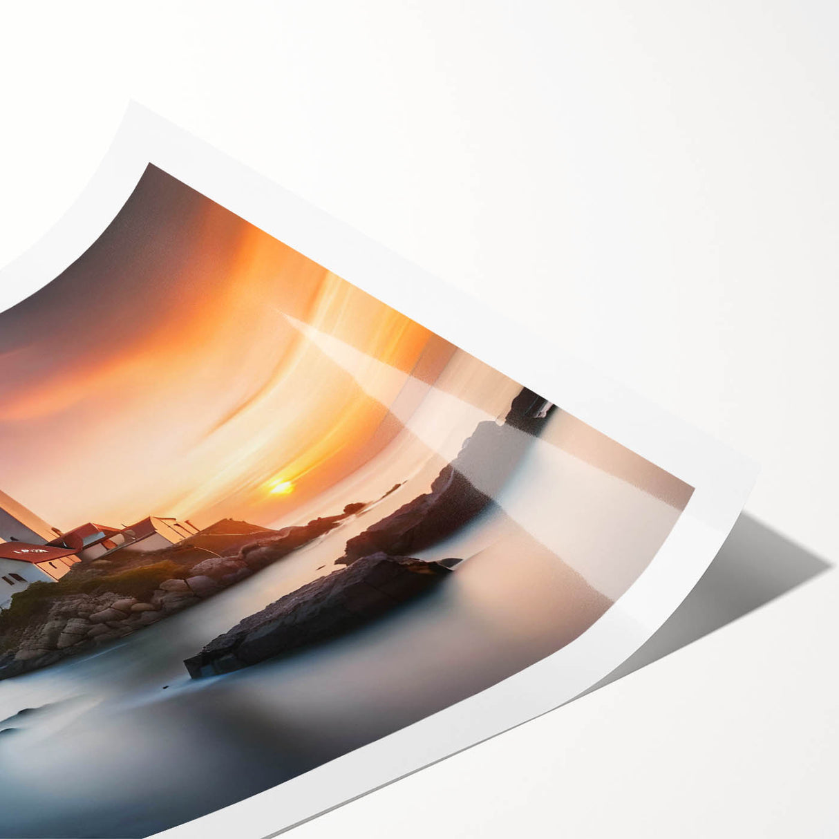 Lighthouse-themed wall art print showcasing a serene coastal landscape with vibrant colors, perfect for home decor or nautical themes, rolled for easy display.