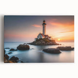 Stretched canvas artwork depicting a serene lighthouse landscape at sunset, showcasing vibrant colors and intricate details, perfect for home decor.