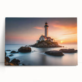 Colorful stretched canvas artwork depicting a serene lighthouse landscape design, perfect for coastal-themed decor. Ideal for enhancing living spaces with a calming ambiance.