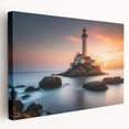 Stretched canvas artwork showcasing a vibrant lighthouse design in a serene coastal landscape, perfect for home decor enthusiasts and coastal theme lovers.