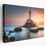 Stretched canvas artwork showcasing a vibrant lighthouse design in a serene coastal landscape, perfect for home decor enthusiasts and coastal theme lovers.