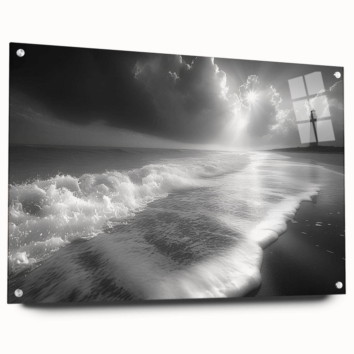 Acrylic wall art collection featuring a vibrant landscape design of a lighthouse, presented in a sleek side view with decorative pins, ideal for home decor enthusiasts.