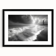 Framed wall art collection showcasing a serene lighthouse landscape design, featuring a black frame and mat. Perfect for coastal-themed decor and enhancing any room's ambiance.