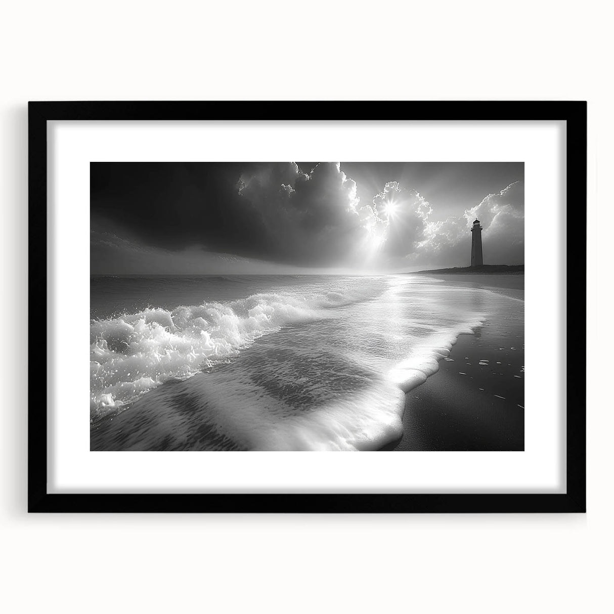 Framed wall art collection showcasing a serene lighthouse landscape design, featuring a black frame and mat. Perfect for coastal-themed decor and enhancing any room's ambiance.
