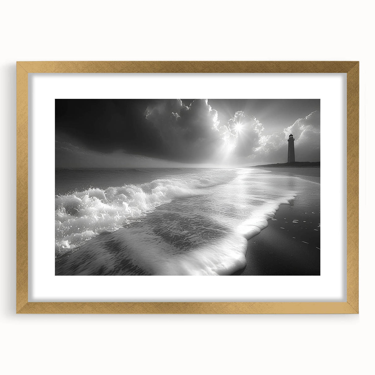 Framed wall art featuring a scenic lighthouse design in vibrant colors, showcasing intricate details and a gold frame, perfect for coastal-themed decor.