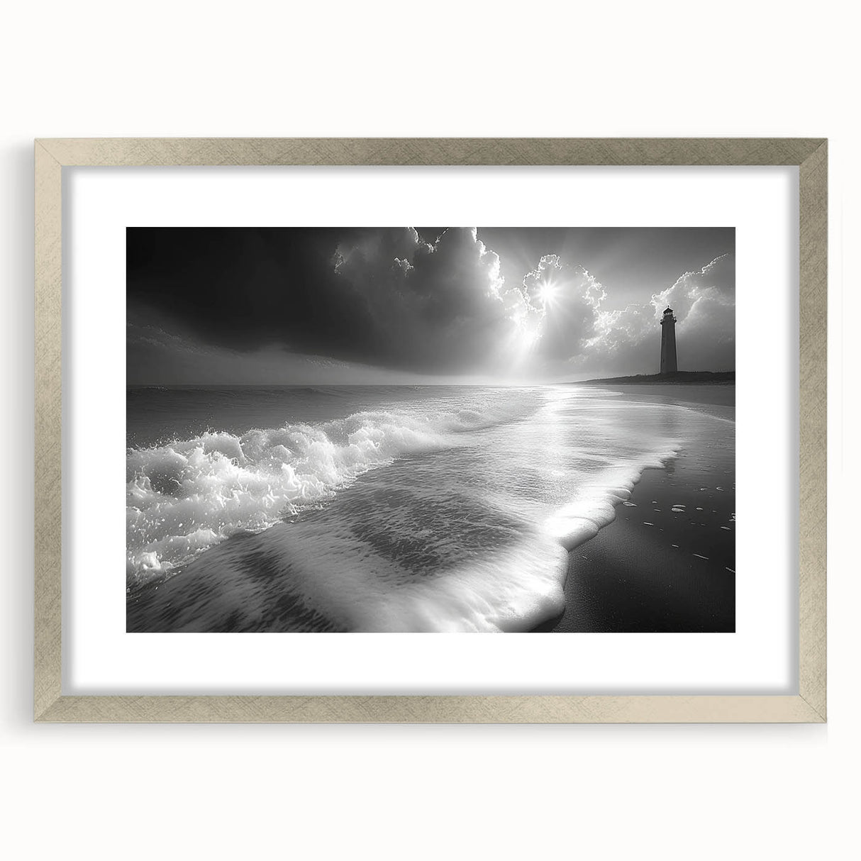 Framed wall art featuring a serene lighthouse landscape design, set in a sleek silver frame with a mat, perfect for coastal-themed home decor. Ideal for enhancing living spaces with a touch of tranquility.