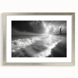 Framed wall art featuring a serene lighthouse landscape design, set in a sleek silver frame with a mat, perfect for coastal-themed home decor. Ideal for enhancing living spaces with a touch of tranquility.