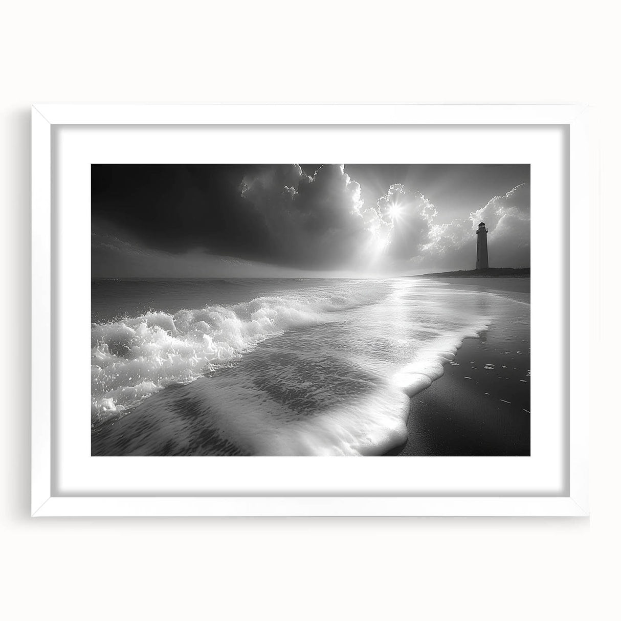 Framed landscape wall art showcasing a serene lighthouse scene with vibrant colors, white mat, and sleek design, perfect for coastal home decor.