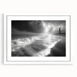 Framed landscape wall art showcasing a serene lighthouse scene with vibrant colors, white mat, and sleek design, perfect for coastal home decor.