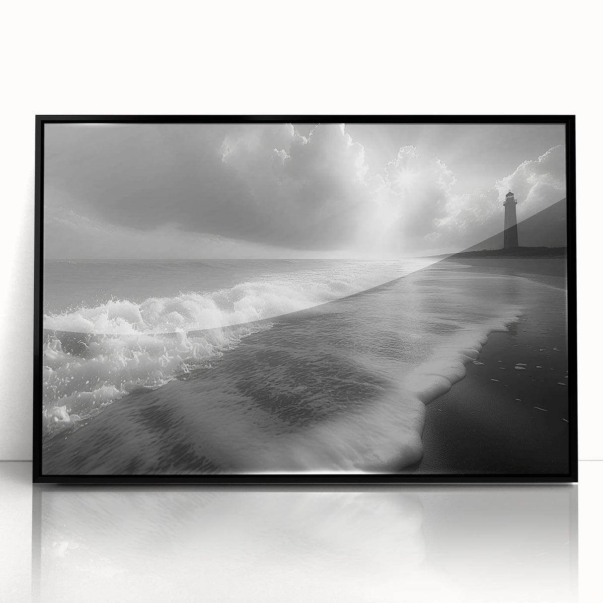 Framed acrylic wall art showcasing a vibrant lighthouse design, set against a striking black background, perfect for coastal-themed decor.