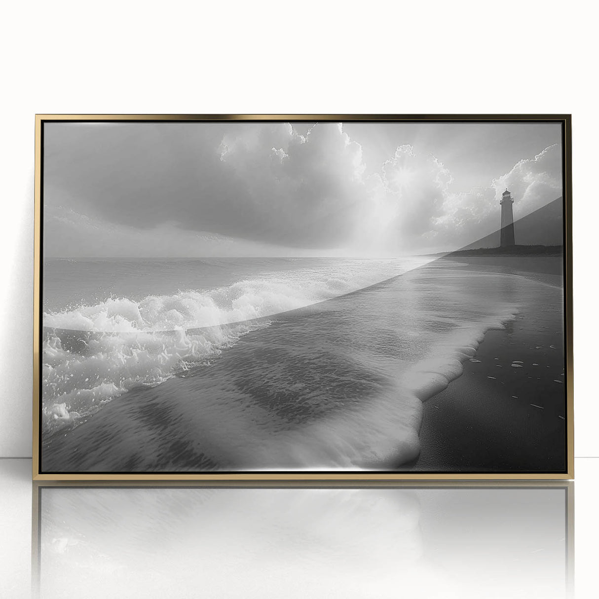 Framed wall art featuring a stunning coastal lighthouse design in a gold-accented frame, perfect for enhancing home decor with a nautical theme.