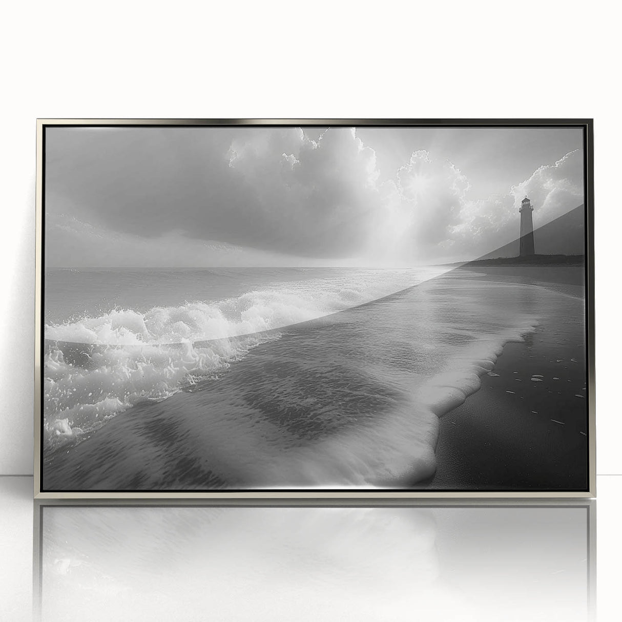 Framed acrylic wall art showcasing a serene lighthouse design, featuring a silver frame and vibrant coastal colors, perfect for enhancing any living space.