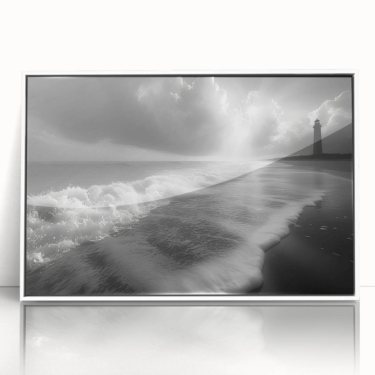 Framed acrylic wall art featuring a serene landscape with a lighthouse, set against a vibrant sunset sky, perfect for coastal-themed home decor.