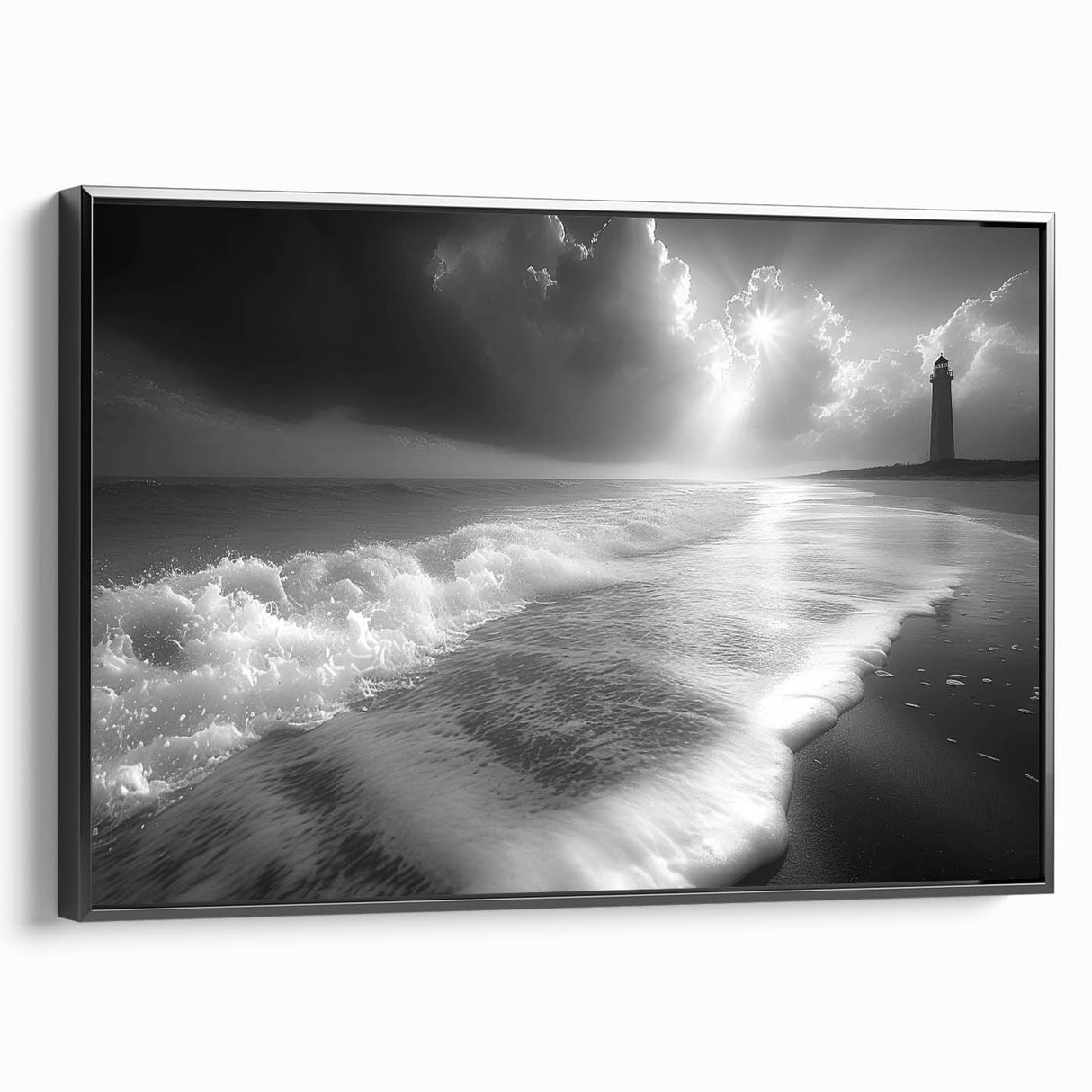 Framed canvas wall art featuring a serene lighthouse landscape design, accented with black framing, ideal for coastal-themed decor and home styling.