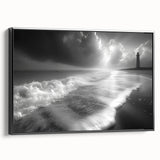 Framed canvas wall art featuring a serene lighthouse landscape design, accented with black framing, ideal for coastal-themed decor and home styling.