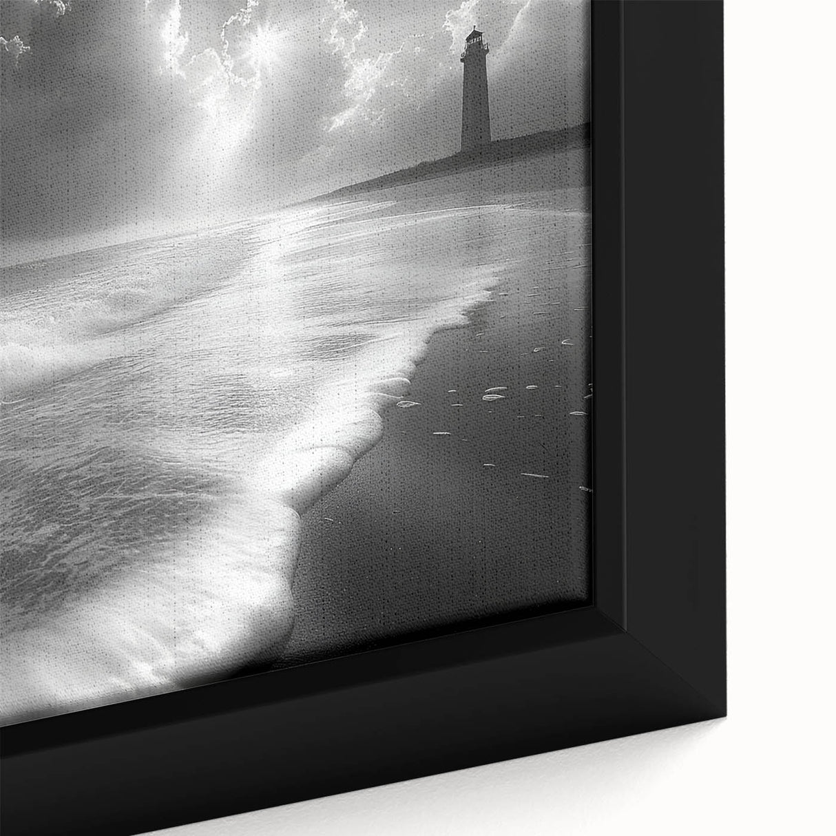 Close-up of a framed canvas wall art piece showcasing a serene lighthouse landscape design, featuring vibrant colors and detailed textures, perfect for coastal-themed decor.