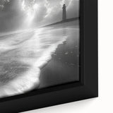 Close-up of a framed canvas wall art piece showcasing a serene lighthouse landscape design, featuring vibrant colors and detailed textures, perfect for coastal-themed decor.