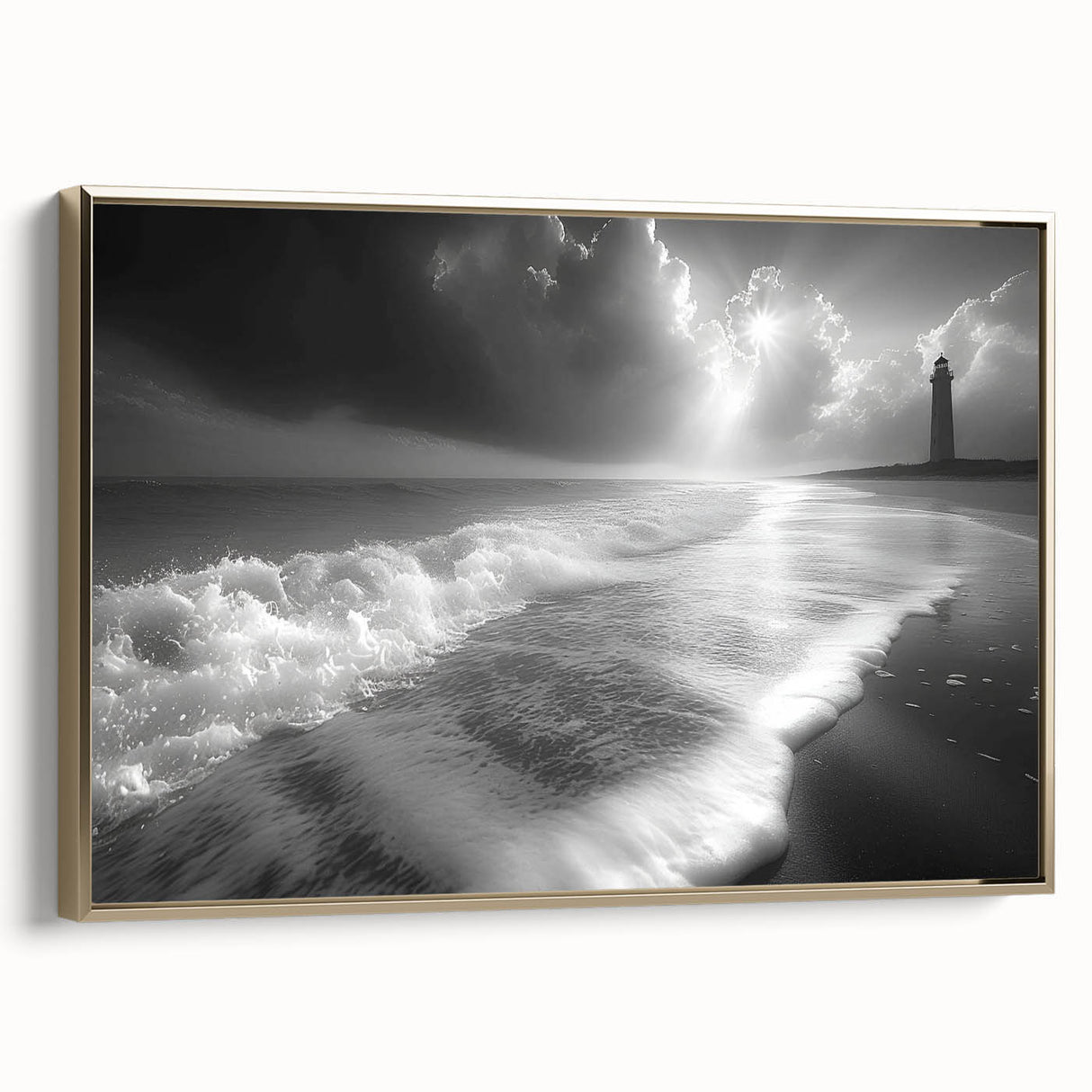 Framed canvas art showcasing a lighthouse design with a golden frame, set against a serene landscape, perfect for coastal-themed home decor. This high-quality print adds elegance and tranquility to any room, ideal for nautical enthusiasts.