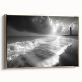 Framed canvas art showcasing a lighthouse design with a golden frame, set against a serene landscape, perfect for coastal-themed home decor. This high-quality print adds elegance and tranquility to any room, ideal for nautical enthusiasts.