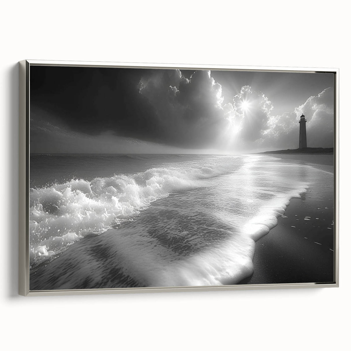 Framed canvas wall art showcasing a serene lighthouse design against a vibrant landscape, with a silver frame enhancing its coastal theme and aesthetic appeal.