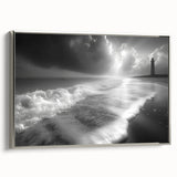 Framed canvas wall art showcasing a serene lighthouse design against a vibrant landscape, with a silver frame enhancing its coastal theme and aesthetic appeal.