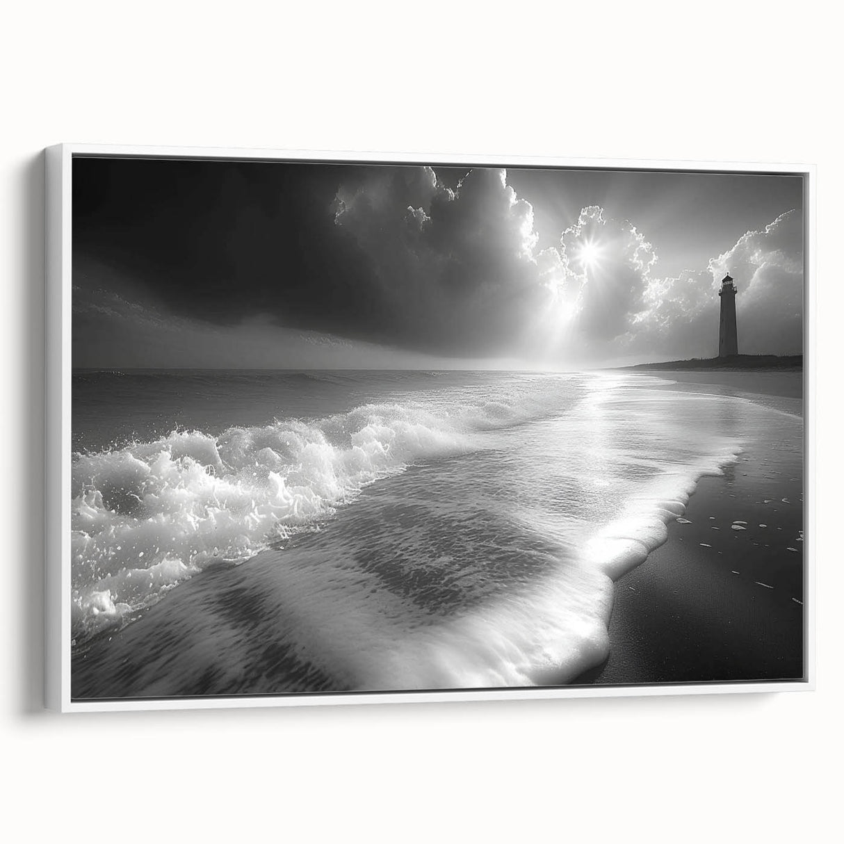 Framed canvas wall art showcasing a serene lighthouse landscape in soft pastel colors, perfect for coastal-themed home decor. Ideal for adding tranquility to living spaces.