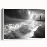 Framed canvas wall art showcasing a serene lighthouse landscape in soft pastel colors, perfect for coastal-themed home decor. Ideal for adding tranquility to living spaces.