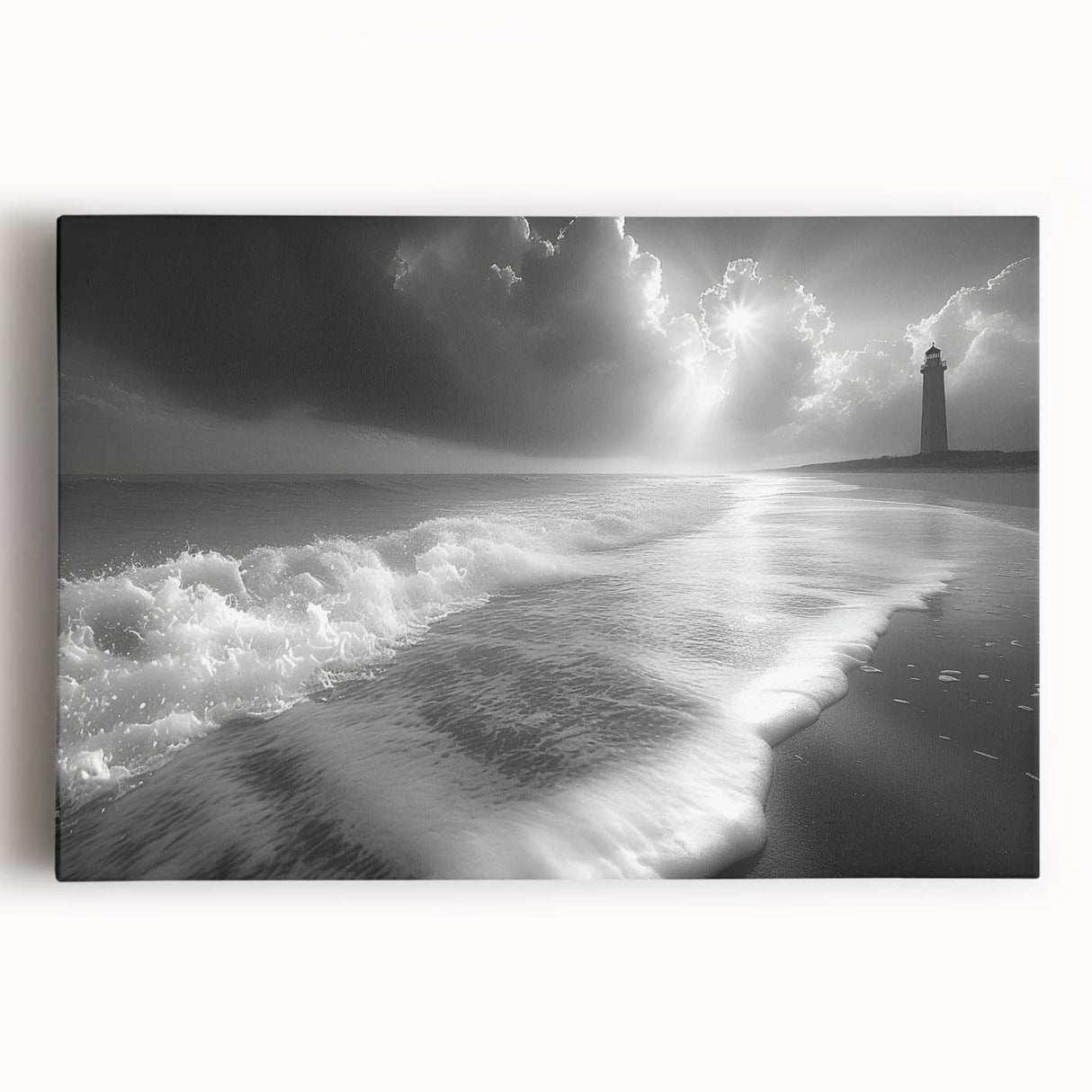 Stretched canvas wall art showcasing a vibrant lighthouse design against a scenic landscape, perfect for coastal-themed decor. Ideal for enhancing living spaces with its colorful representation and serene ambiance.