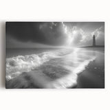Stretched canvas wall art showcasing a vibrant lighthouse design against a scenic landscape, perfect for coastal-themed decor. Ideal for enhancing living spaces with its colorful representation and serene ambiance.