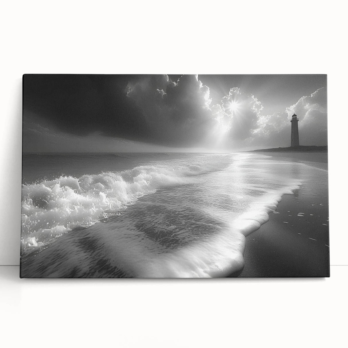 Stretched canvas wall art showcasing a serene lighthouse landscape design, featuring vibrant colors and intricate details, perfect for home decor enhancement.