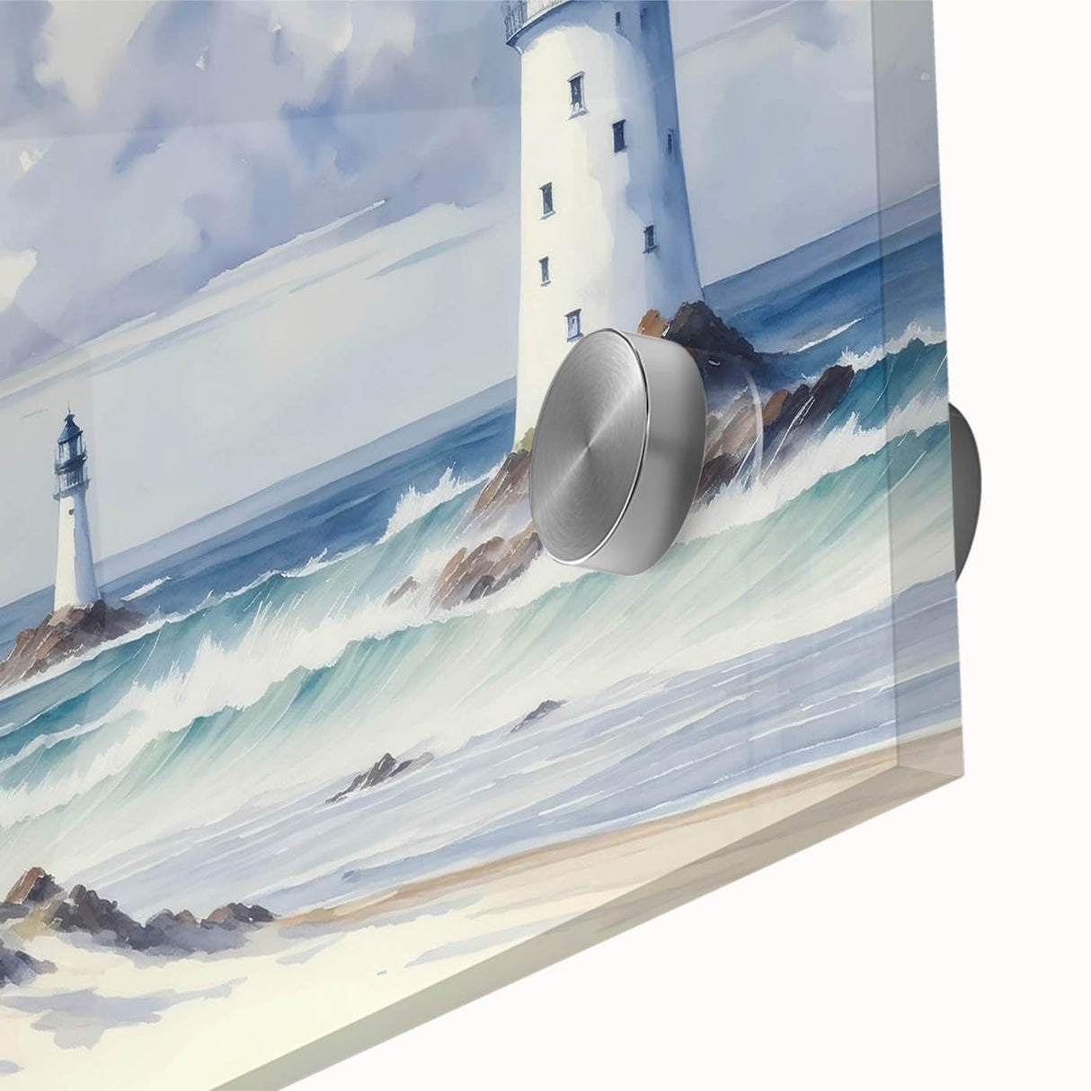 Close-up of a vibrant acrylic glass wall art piece showcasing a serene coastal landscape with a lighthouse, vivid colors, and intricate details, ideal for home decor.