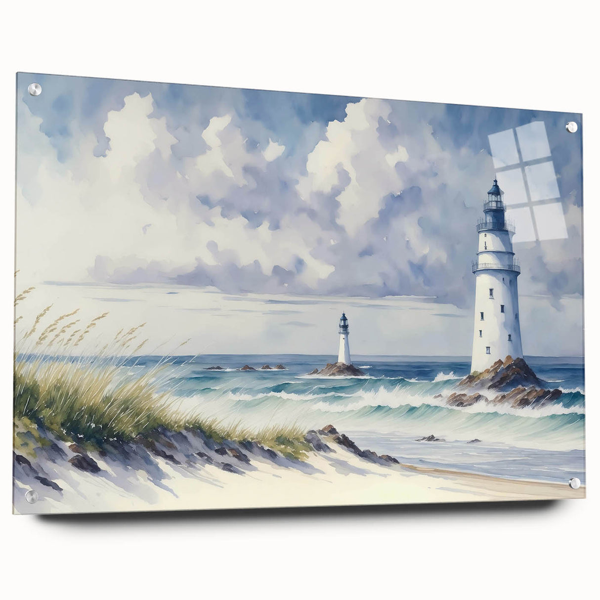 Acrylic glass wall art featuring a scenic lighthouse design in vibrant colors, showcasing intricate details and a side view with pins for easy hanging. Perfect addition to coastal decor.