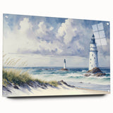 Acrylic glass wall art featuring a scenic lighthouse design in vibrant colors, showcasing intricate details and a side view with pins for easy hanging. Perfect addition to coastal decor.